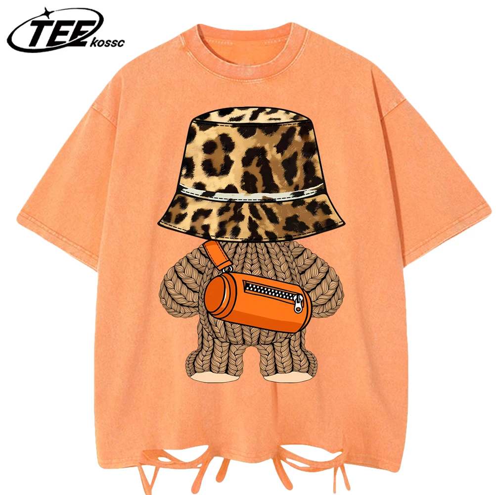 

Trendy Cartoon Bear Outfit Pattern Mens Washed Holes T-Shirt Loose Cool T Shirt Summer Cotton Tops Hip Hop O-Neck Clothes
