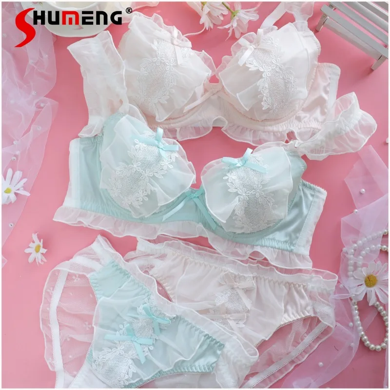 

College Sweet Cute Underwear Set Women's Japanese Style Intimates Suits Female Three Button Lace Sexy Push Up Brief Sets