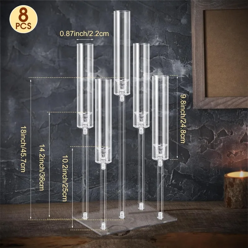 Hushee 8 Pcs Acrylic Candelabra Centerpieces 5 Arm Clear Candelabra Candle Holder Crystal Taper Candlestick