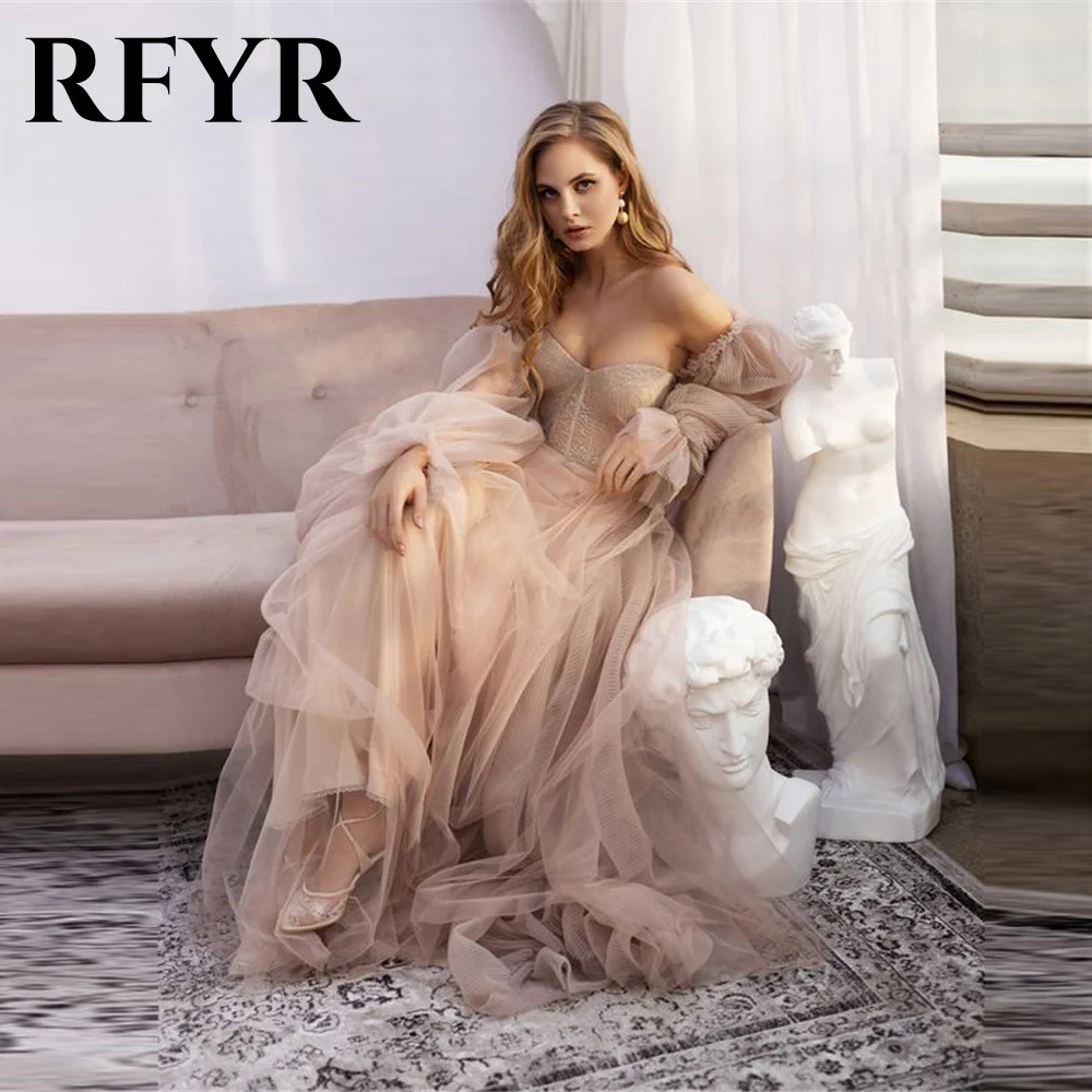 

RFYR Champagne Scoop A Line Dress Off the Shoulder Prom Dress Long Net Tulle Bead Evening Dress Pleats Formal Dress Customized