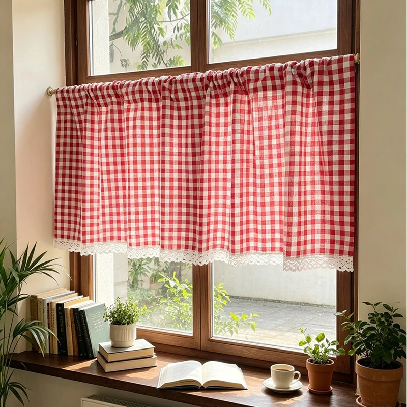 Commercial Kitchen Canopy - Lace Trim Tier Curtain Buffalo Plaid