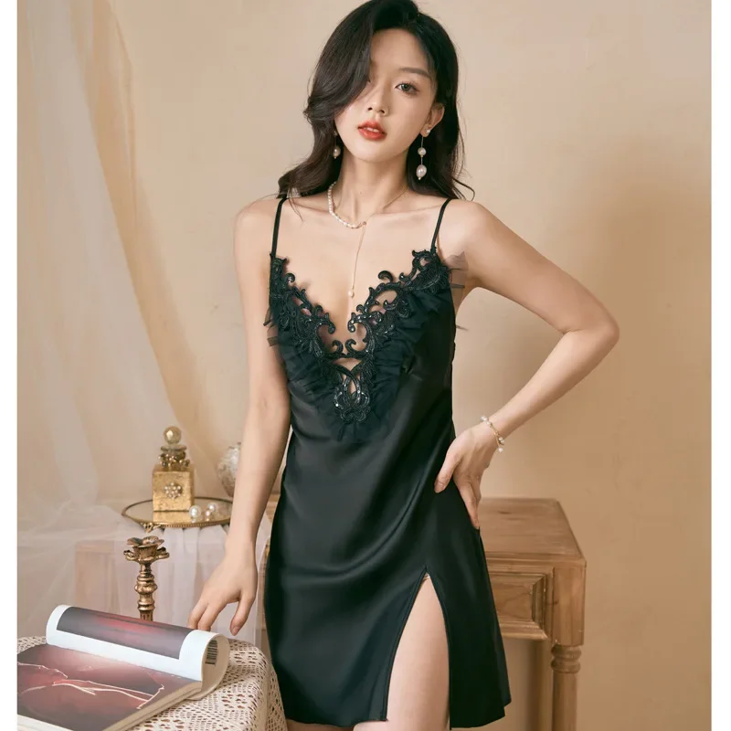 MECHCITIZ Sexy Sleepwear Dress Lingerie Lace Satin Nightgowns Summer Pyjamas Silk Women Nightdress Sleepshirts Pajamas