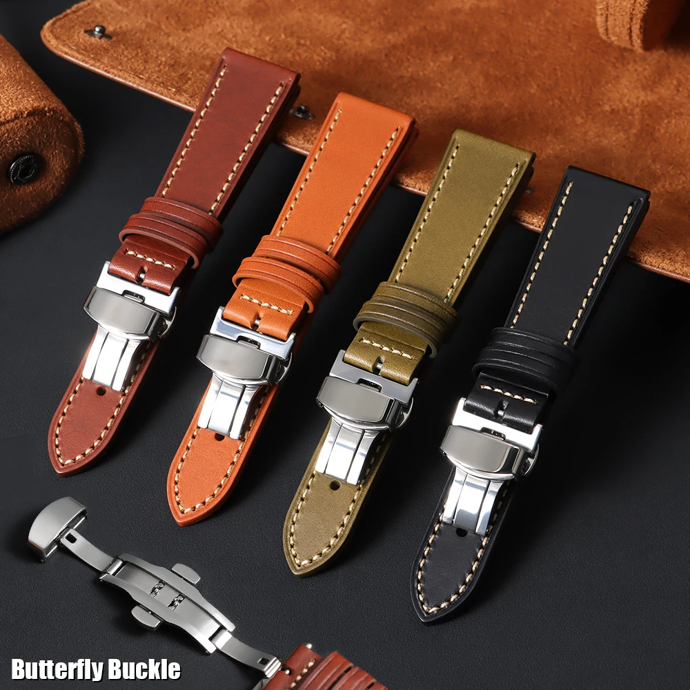 Smooth Calfskin Leather Watch Band 20mm 22mm Straps Stainless Steel Butterfly Buckle Leather Bracelet Black Brown Wristband Belt