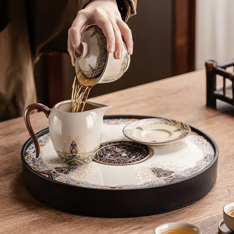 

Round Tea Tray New Kongfu Teaware Household Water Drainage and Storage Small Tea Tray Office Exquisite Ceramic Dry Brewing Tray