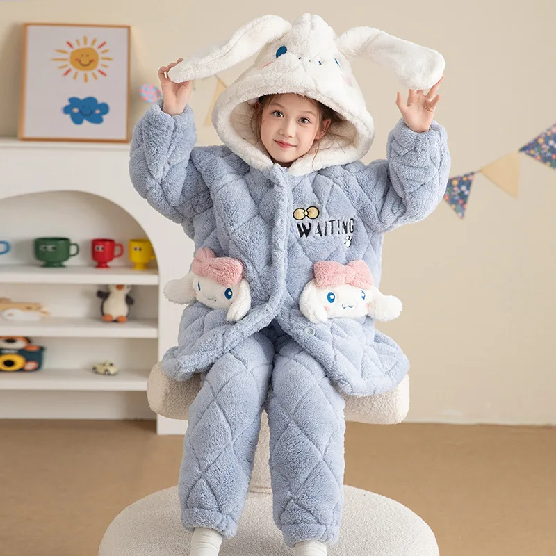 Cinnamoroll New Girl Pajamas Autumn Winter Anime Sanrios Coral Fleece Third Floor Quilted Child Girl Thicken Lounge Clothes