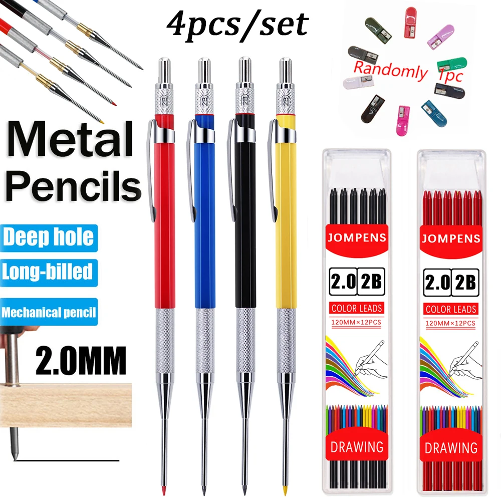 2,0 mm Tiefloch-Metall-Holzbearbeitungs-Bleistift-Set mit 2 Boxen Ersatzminen, 1 zufälliger Bleistiftspitzer, Zimmermanns-Markierungsbleistift-Zubehör