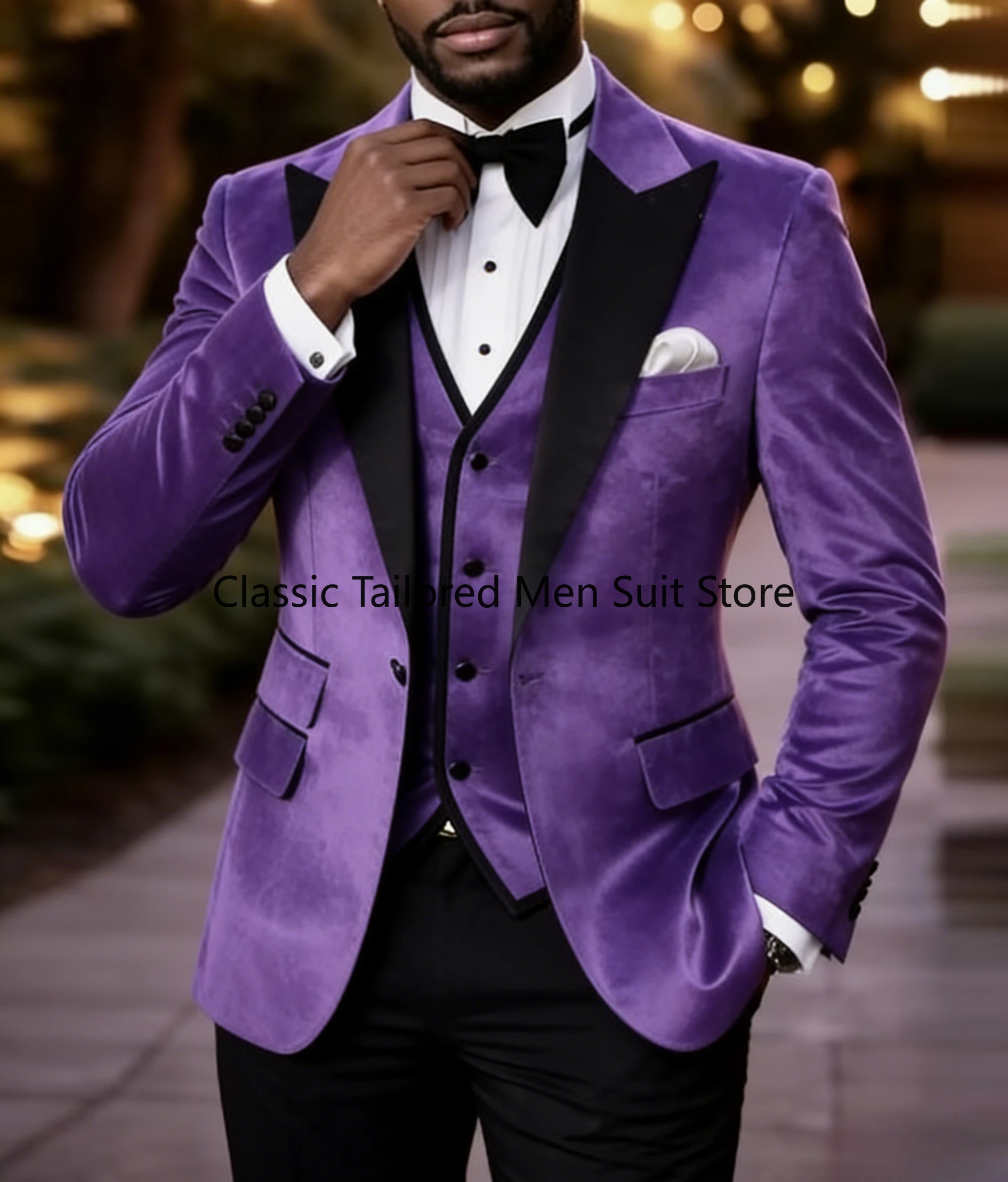 

Purple Velvet And Black Men Suit Wedding Party Formal Groom Groomsman Prom Business Male Tuxedos 3 Piece Set Jacket Vest Pants