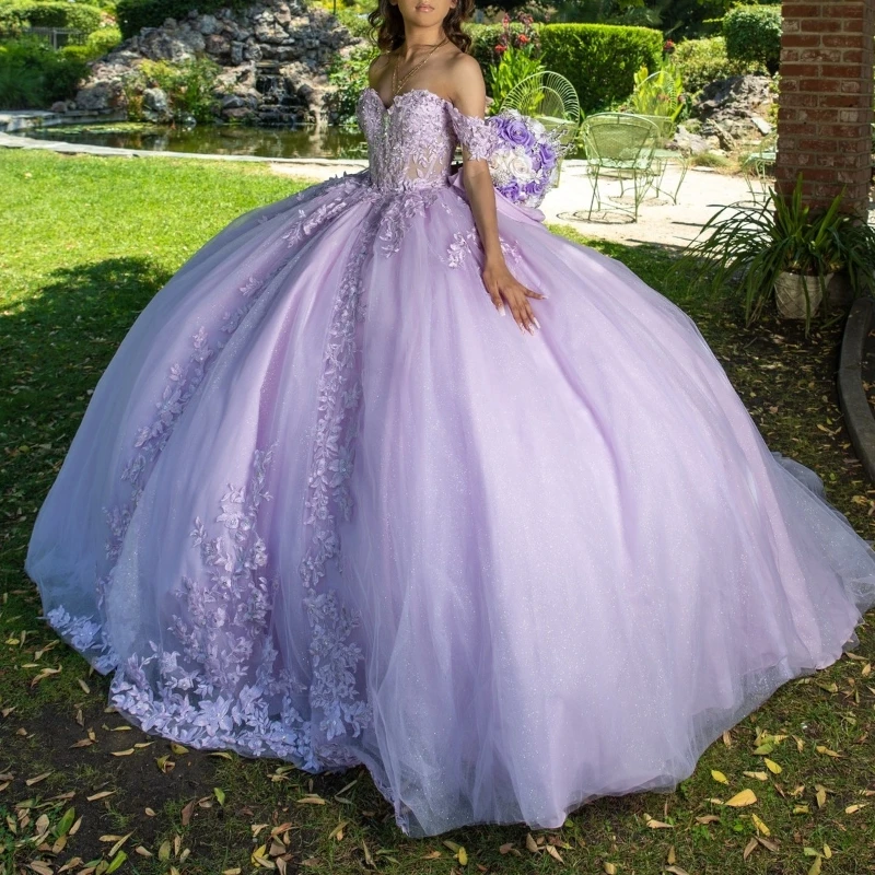 

Lavender Shiny Princess Sweet 16 Quinceanera Dresses Off The Shoulder Applique Lace Bow Tull Party Birthday Vestides De 15 Anos