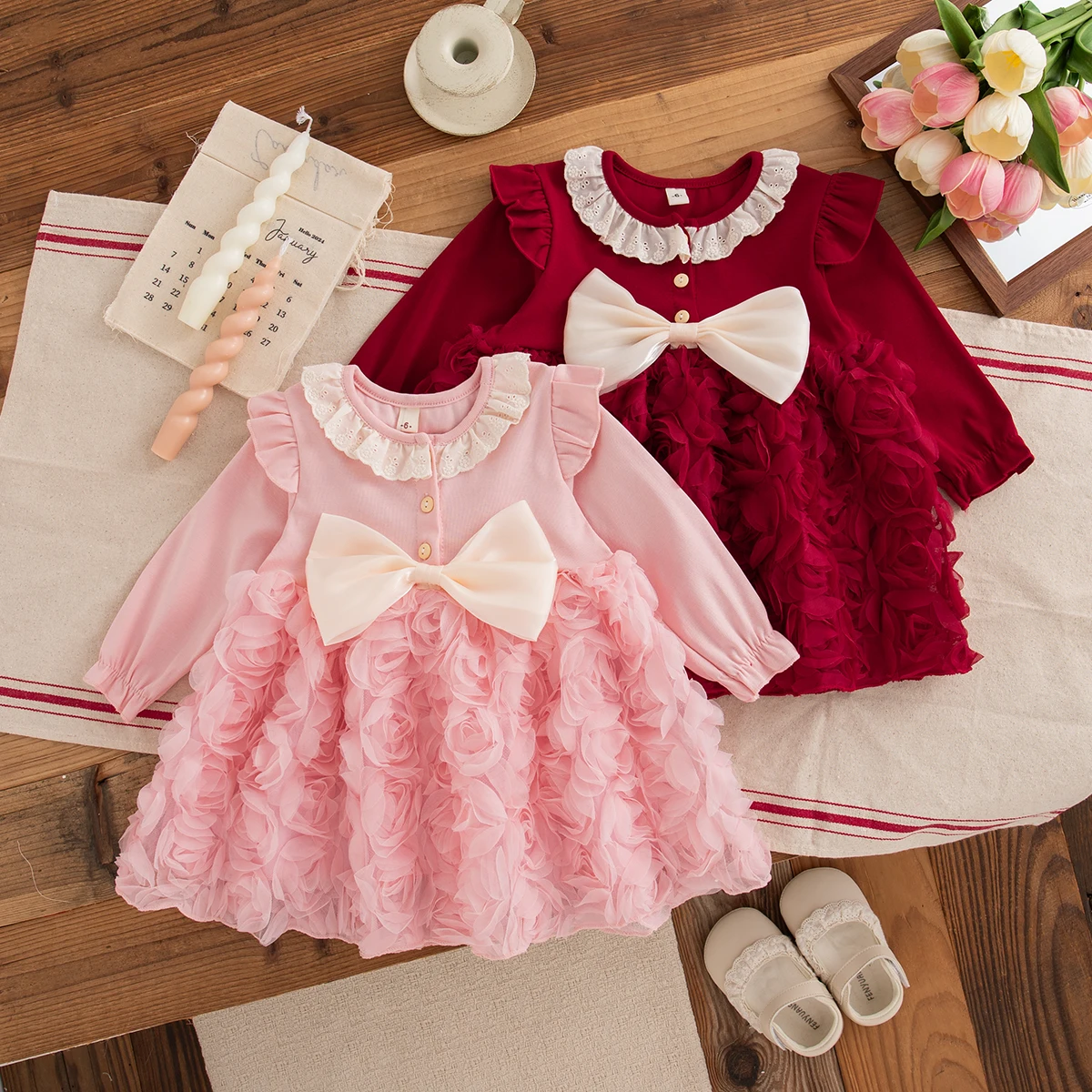 Frühling Herbst Kleinkind Mädchen Prinzessin Kleid Süße Schleife Blume Element Langarm Kleid Elegante Mädchen Ballkleid