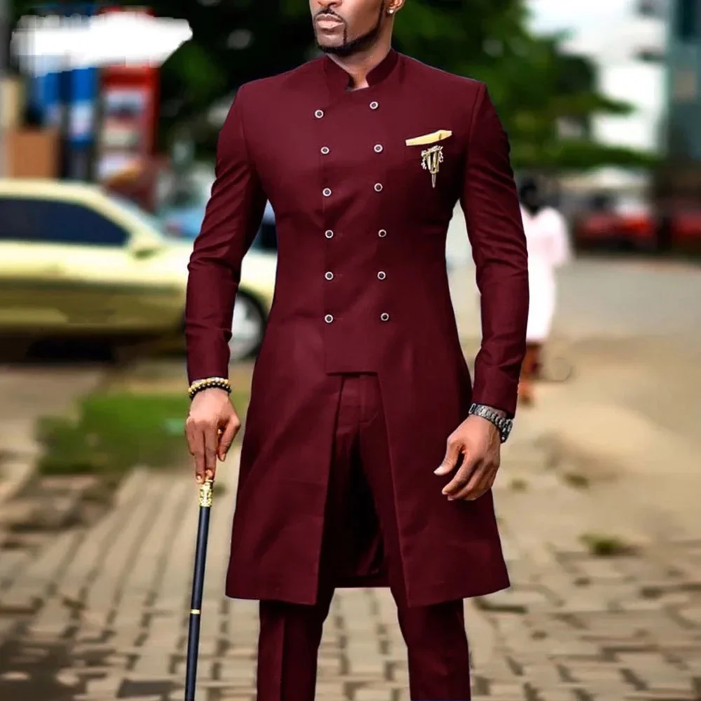

Chic Stand Collar Double Breasted Men Suits Fashion Casual Daily Groom Wedding Tailcoat 2 Piece Male Suit Slim Blazer Pants