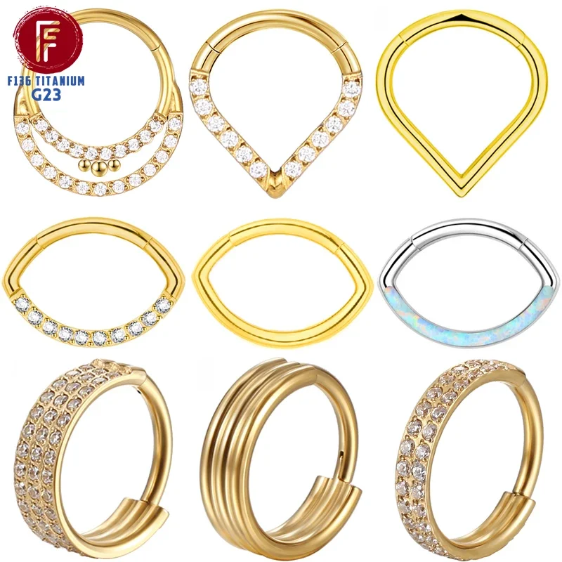 F136 Titanium piercing Golden Nose Ring Septum Clicker Zircon Hinged Segment Cartilage Earrings Tragus Body Jewelry Wholesale