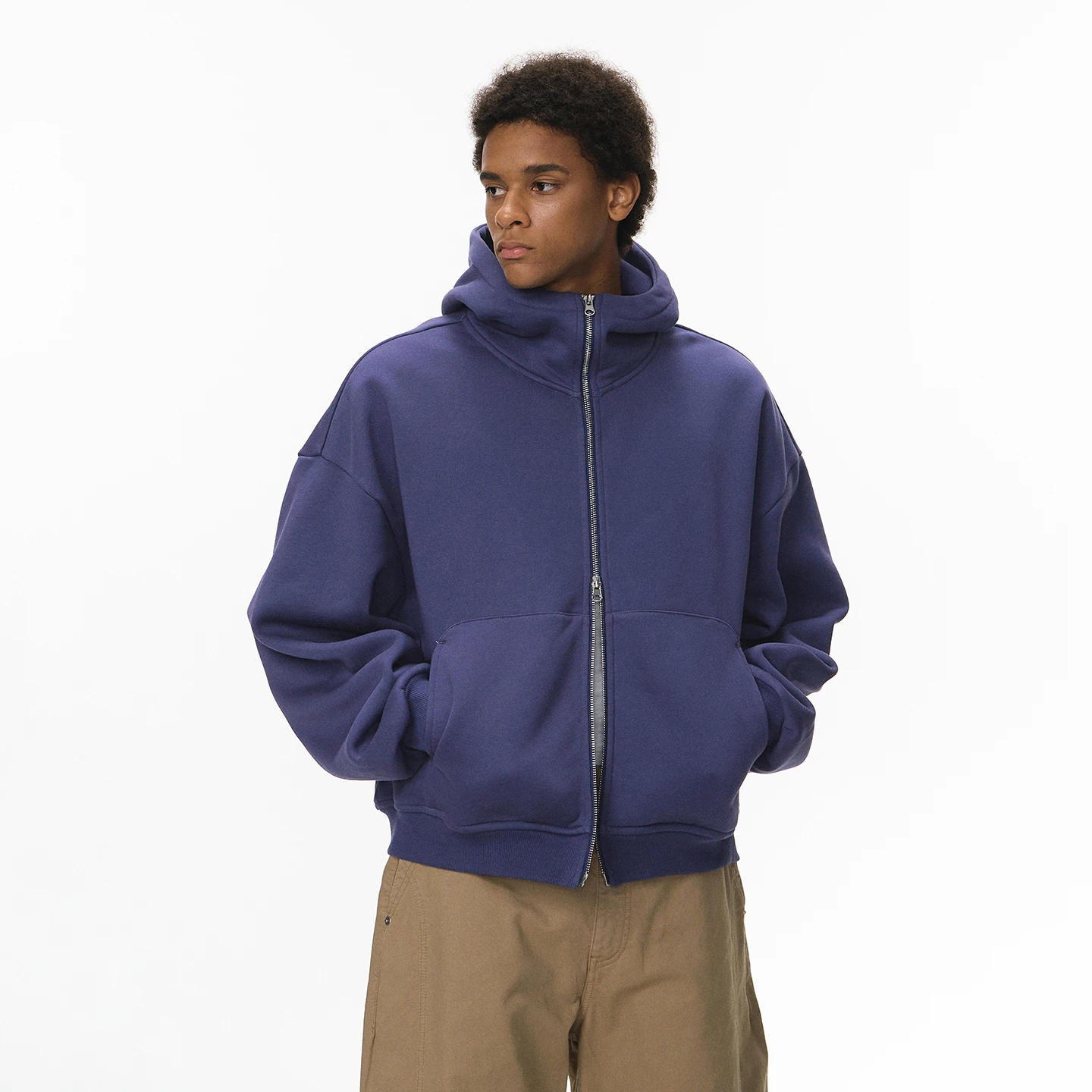 التضخم الرجال منحني كم Boxy هوديي خريف شتاء 2025 قشر البيض الصوف زمم الدافئة الشارع الشهير البلوز سترة