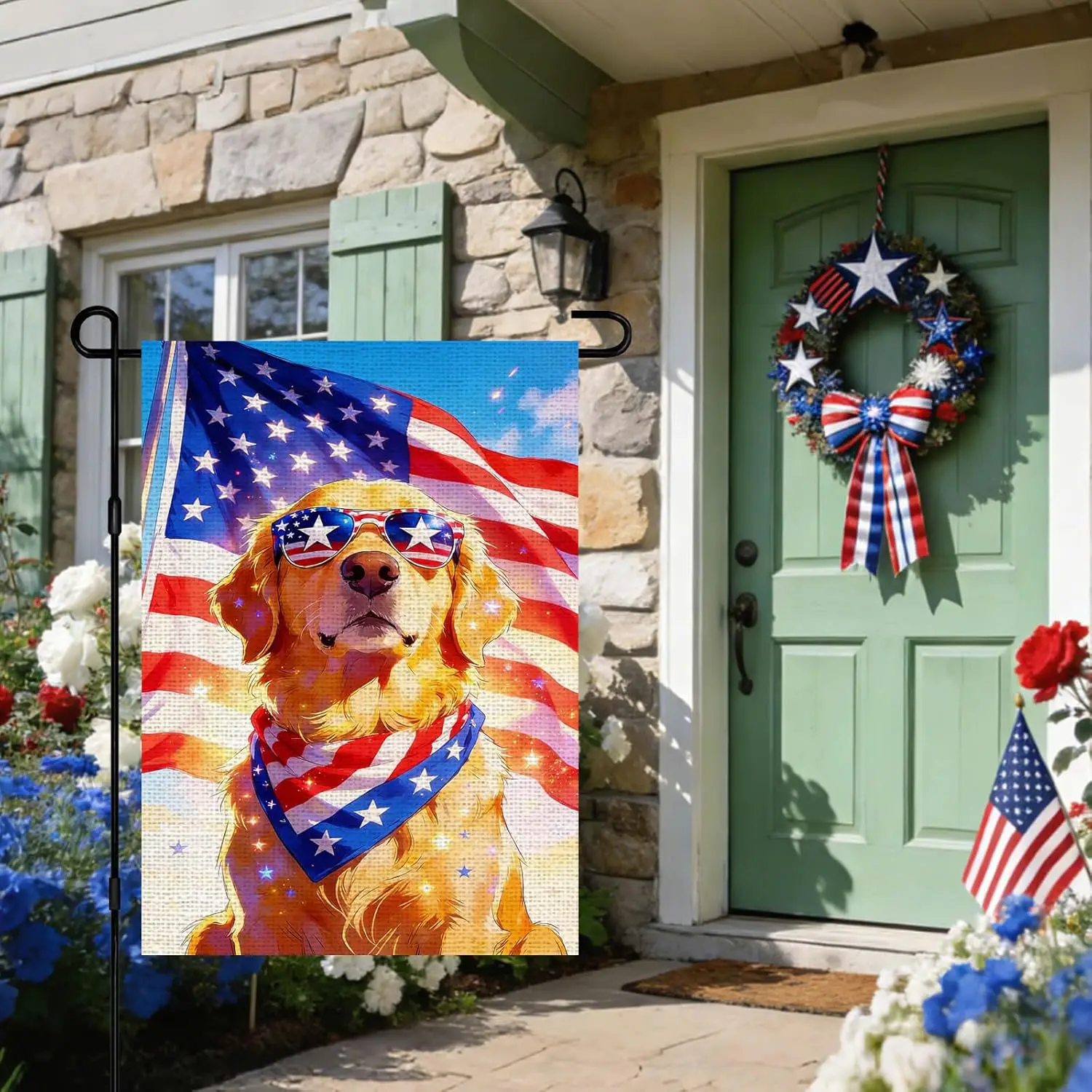 IVN Burlap Patriotic 4th of July Garden Flags 12x18 Inch Double Sided Yard Flags American Flag Golden Retriever Dog Sunglass YYQ