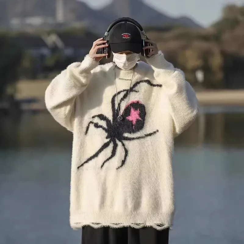 

Large Size 300 Pou American Sle 2025 Trendy Spider Embroidery Sweater Men's Autumn Winter Lazy Sle High End Feeling Top
