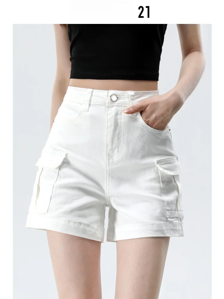 Shorts de Mezclilla Blancos Estilo Americano Forever 21 para Mujer, Nuevos Shorts de Verano con Bolsillos, Ajustados y Elásticos de Algodón