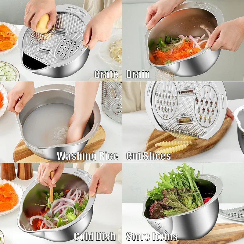304 Stainless Steel Drain Basket Multifunctional Kitchen Rice Strainer Portable Food Washing Colander Vegetable Chopper Utensil