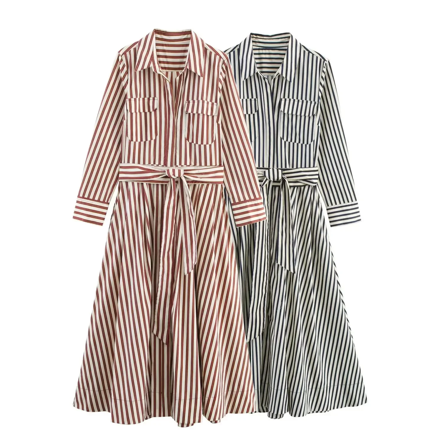 

Autumn Women Striped Shirt Dress With Belt Ladies Midi Dresses