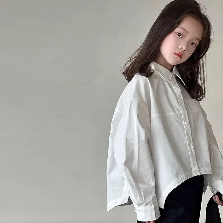 Girls' Long Sleeved Shirt Spring 2026 New Children's Korean Version, Versatile Loose and Stylish White Shirt for Children