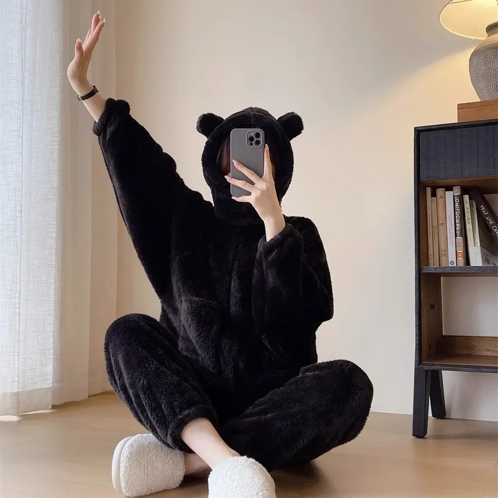 Thickened Warm Fleece Women\'s Pajamas 2 Piece Set Cartoon Cute Furry Black Pajamas Outside Home Suit Suit Female Autumn Winter