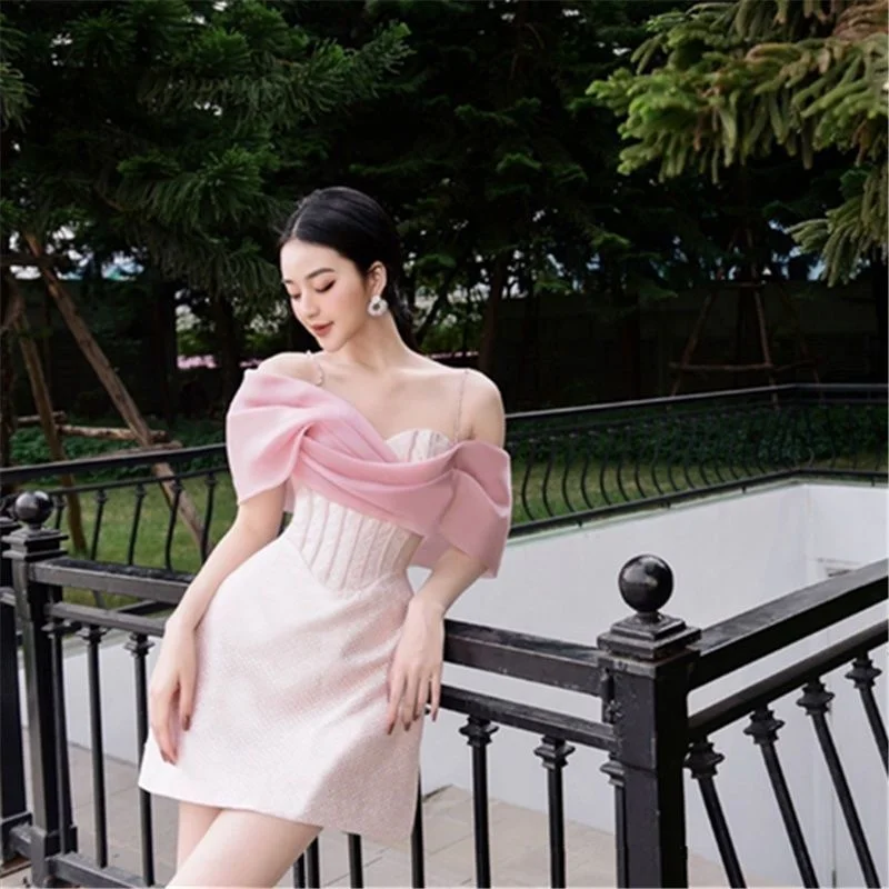 French Elegant Pink Slip Dress Gauze Patchwork Mini Halter A-line Dress Sexy Slim Lotus Sleeves Short Dress Evening Party Dress