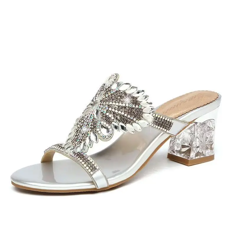 Women Block Heel Rhinestone One Word Slippers Summer New Soft sole Non Slip High Quality Fashionable High Heel Slippers Sandals
