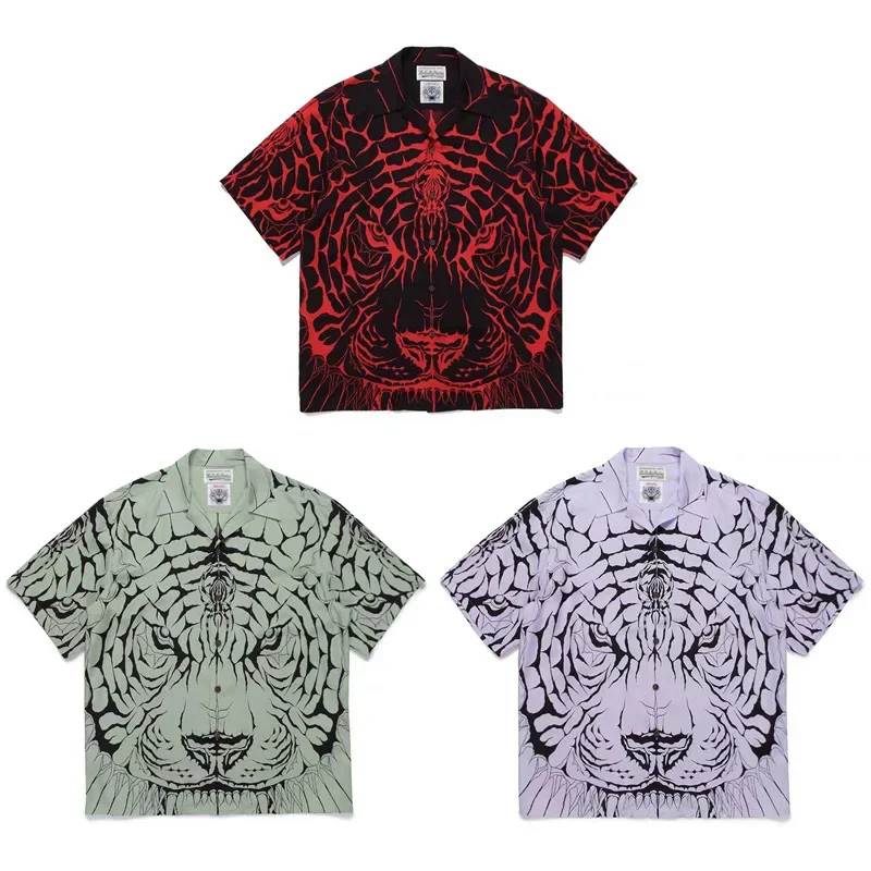 Summer New Men Woman 1:1 Best Quality Tiger Face Printing WACKO MAR Loose Short Sleeve Shirt Black Light Purple Green