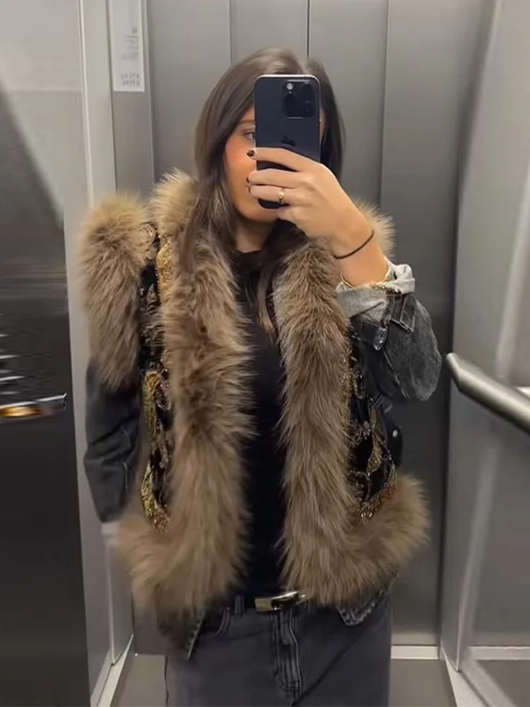 

Chic Golden Floral Women Vest Fashion Sleeveless Faux Fur Patchwork Contrasting Cardigan Elegant Female Top Spring Streetwe