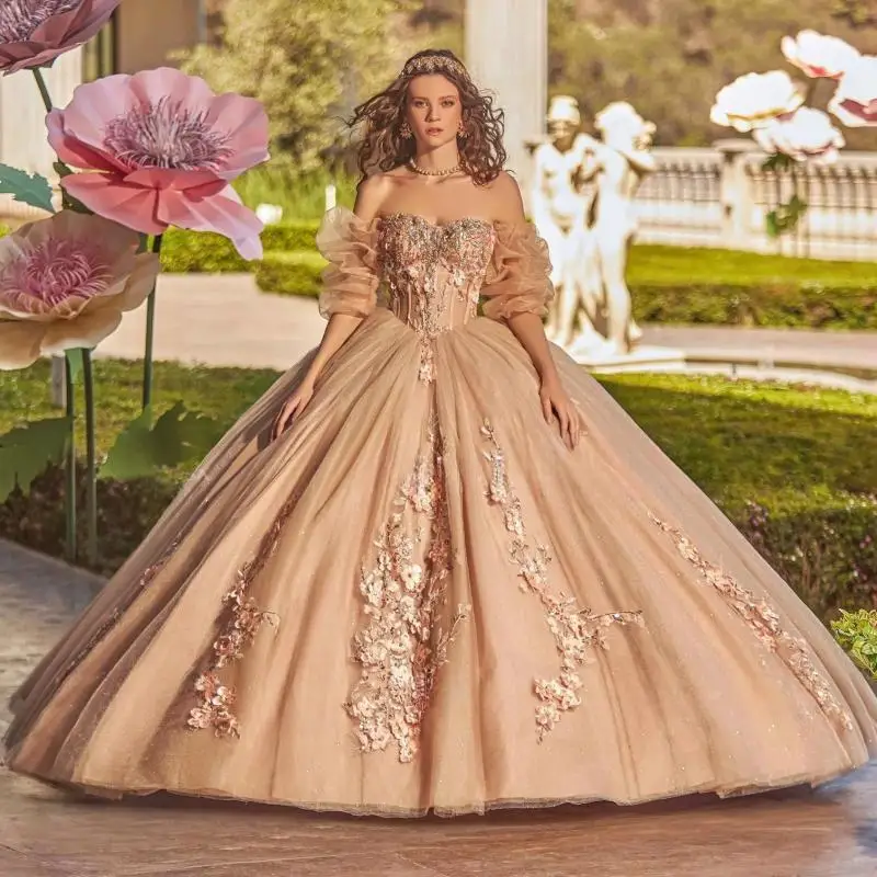 

Customized Shiny Champagne Princess Quinceanera Dresses Ball Gown Half Sleeves Applique Beaded 16 Dresses 15 Años Mexican