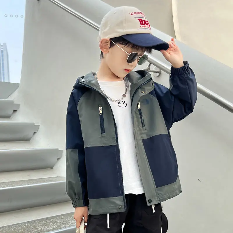 

Boys Spring Autumn Coats Kids Jackets Toddler Hooded Windbreaker With Pocket Children Zipper Outerwear Baby Clothes 4-14 Years