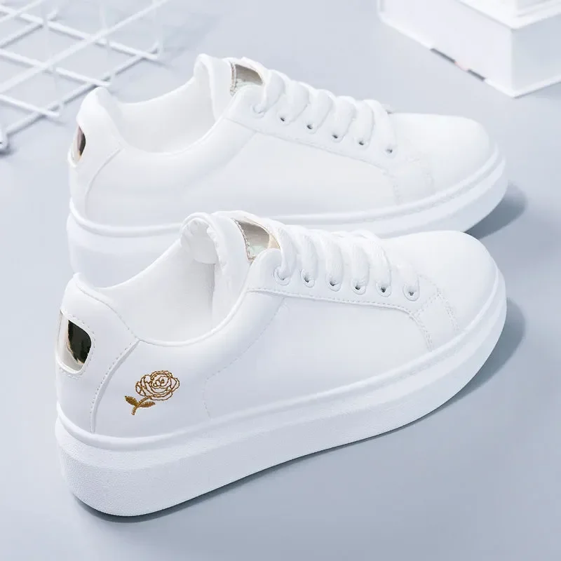 Women Running Fashion White shoes Female Breathable Embroidered Flower Lace-Up Casual High Quality Comfy outdoor footwear