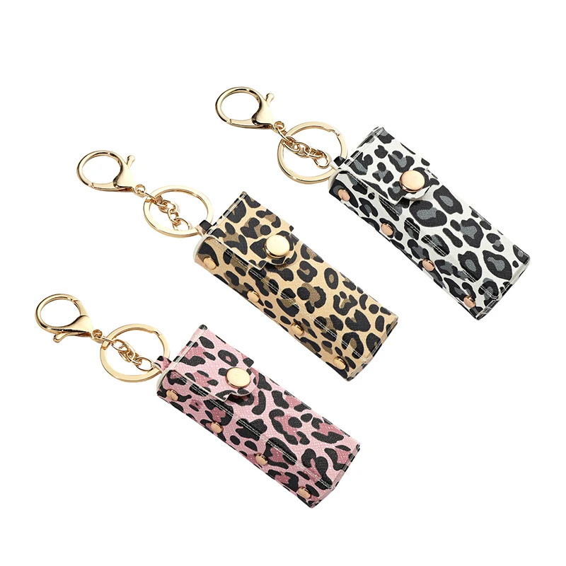 Leopard Metal Rivets Lipstick Bag Keychain Pendant PU Leather Lipstick Specific Cosmetic Case Bag Charms