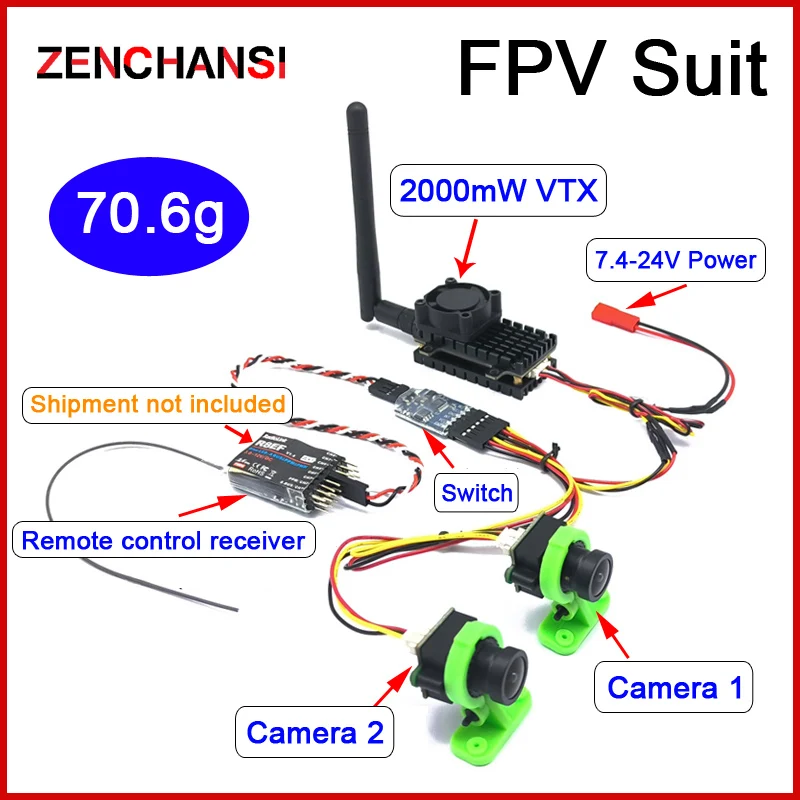 Система FPV дальнего действия 5,8 ГГц 2 Вт FPV беспроводной передатчик VTX 2000 МВт и 3-канальная двойная видеокамера CMOS 1000TVL для радиоуправляемого дрона