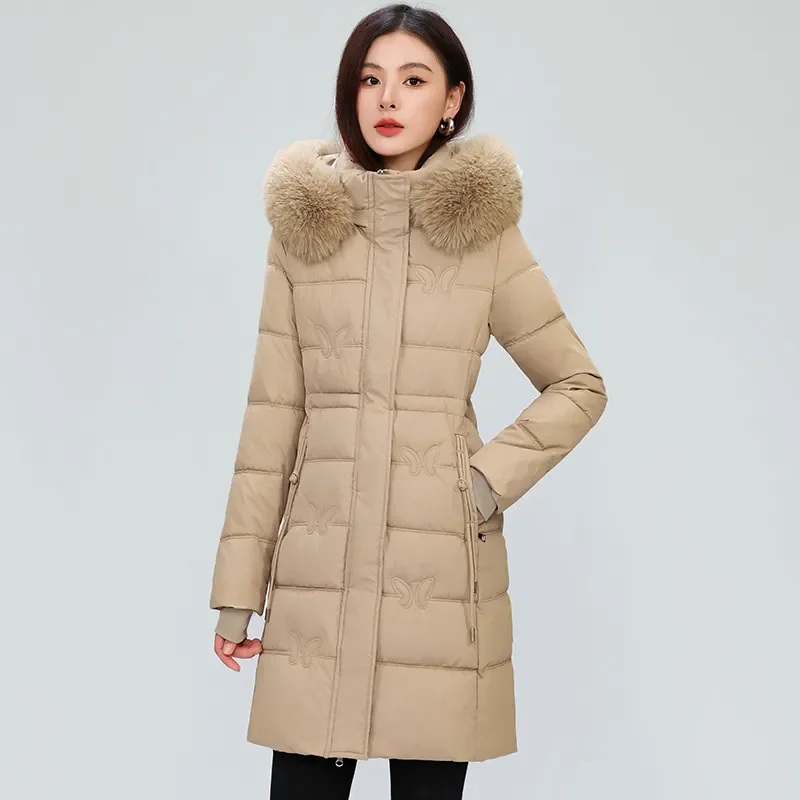 2025 New Winter Coat Women's Jacket Fur Neckline Long Basic Coats Thick Jackets Cotton Padded Outerwear Parkas Black Clothes