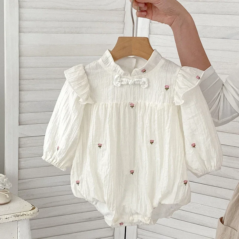 

2024 New Autumn Newborn Baby Girls Bodysuits Long Sleeved Cotton Embroidery Infant Baby Girls Jumpsuit 0-24M Baby Girls Clothing