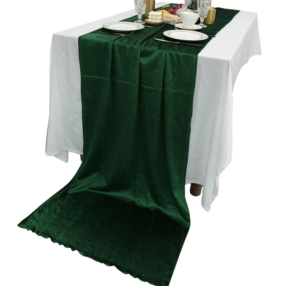 Green Velvet Table Runner Soft Texture 70x300cm Table Linen Overlay Stitched Edge Rectangular Shape Soft Velvet Fabric Runner