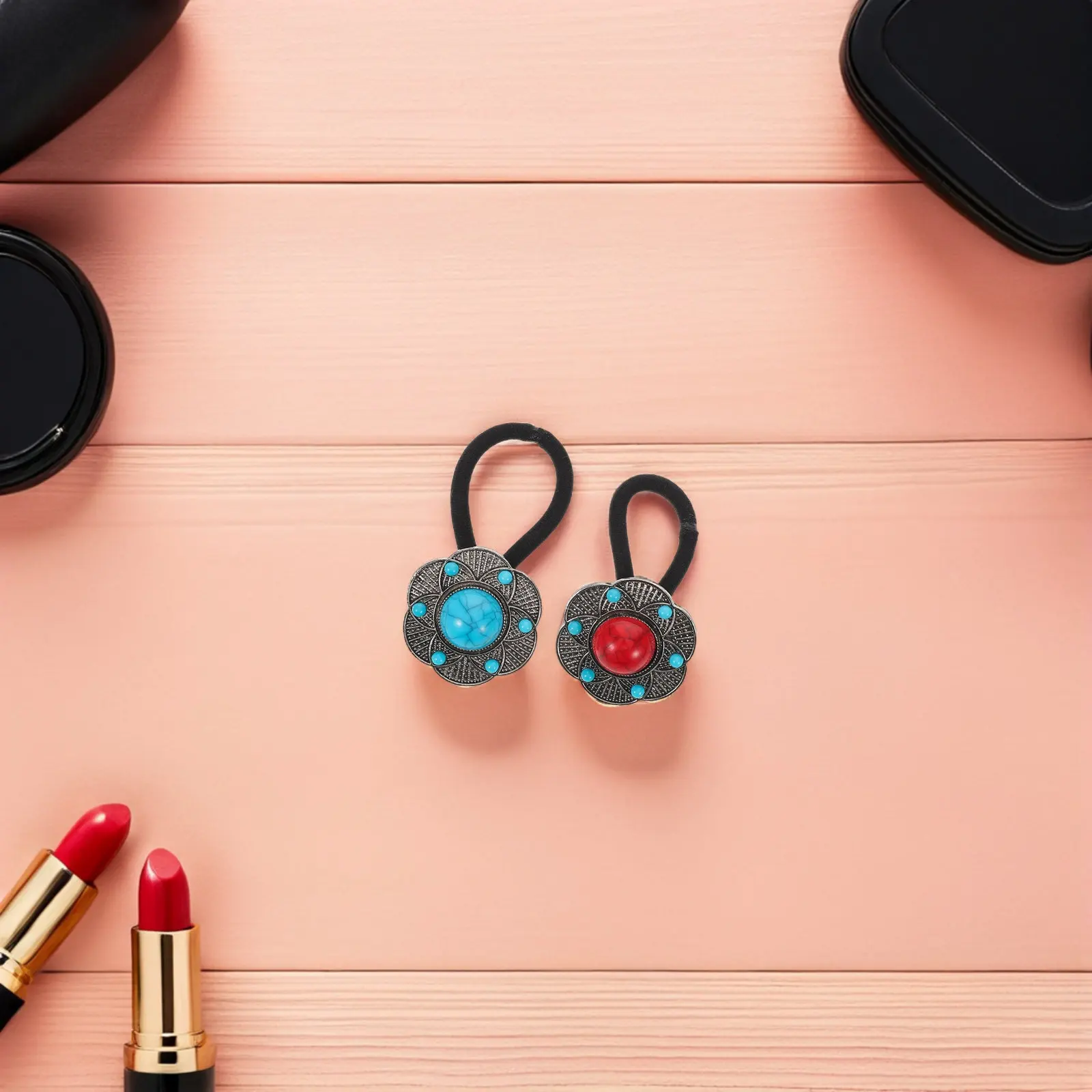 

4Pcs Ethnic Style Hair Ties Bohemian Floral Accents High Elasticity No Damage Ponytail Holders for Women Handmade