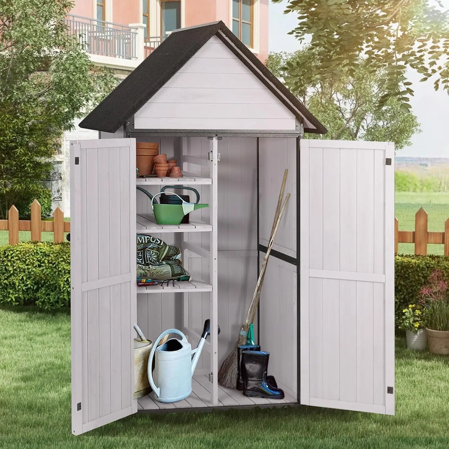 

Outdoor Storage Shed with All Around Strong Metal Frame, Garden Tool Sheds Cabinet with Floor & Adjustable Shelves, Wood