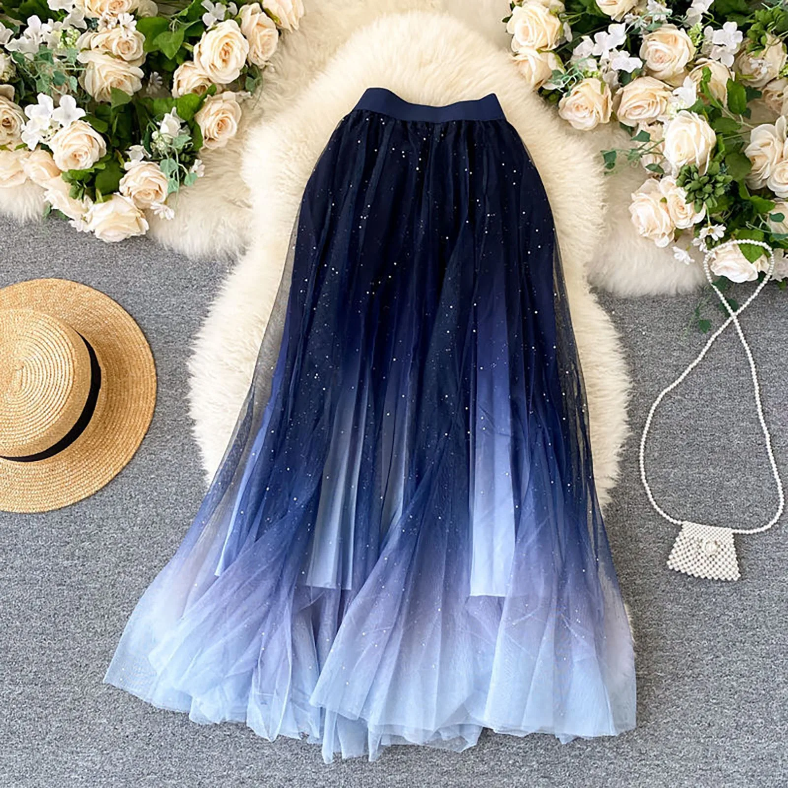 

Ladies Half Bodies Skirts Starry Gradient Mesh Skirt Elastic High Waist A-line Pleated Long Skirt Sequin Fairy Tulle Skirt