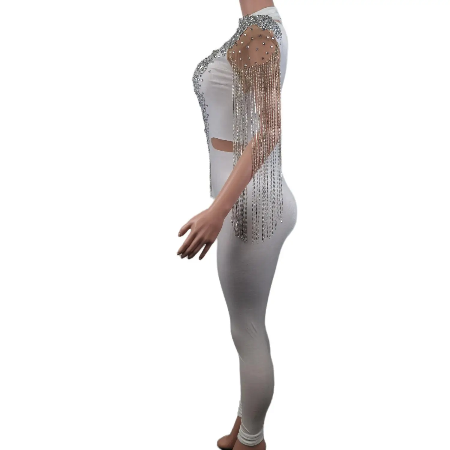 Cristais gola alta branco veludo macacão preto grils noite sexy correntes dança traje aniversário vestidos de festa à noite baivling