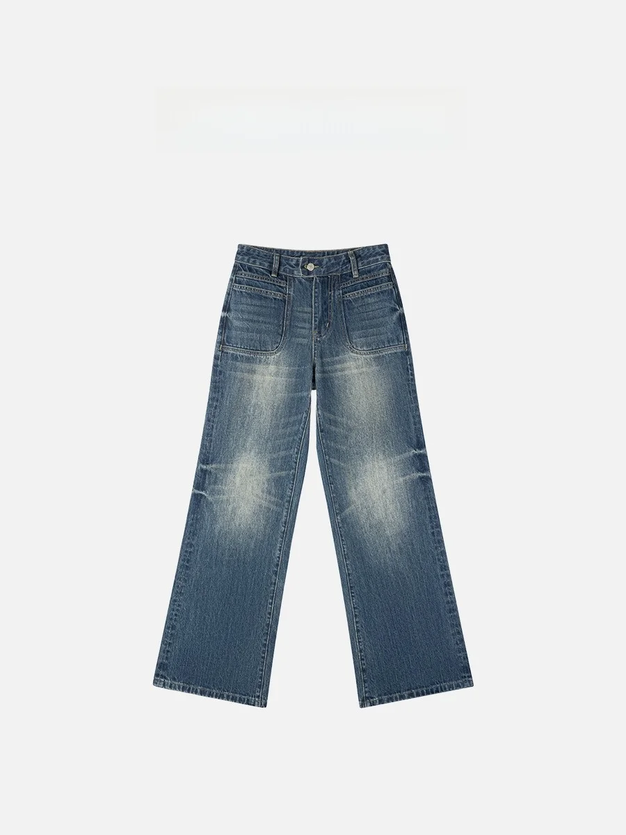 

Женские джинсы с высокой талией и широкими штанинами из чистого хлопка, износостойкие, прочные, синие, в стиле ретро