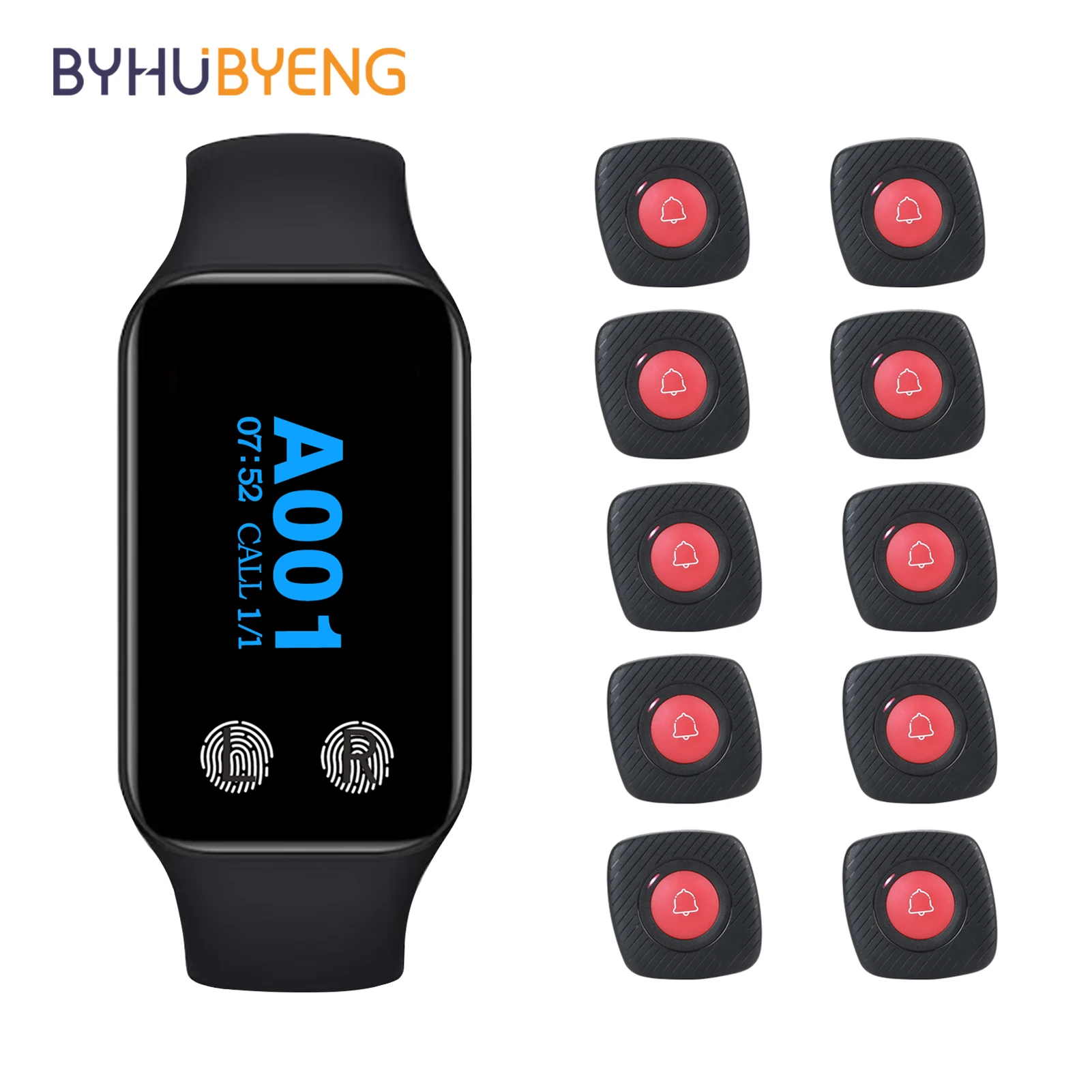 BYHUBYENG Wireless Calling System Restaurant Waiter Pager Vibration Watch Clock + Waterproof Bell Button Hookah for Bar Cafe
