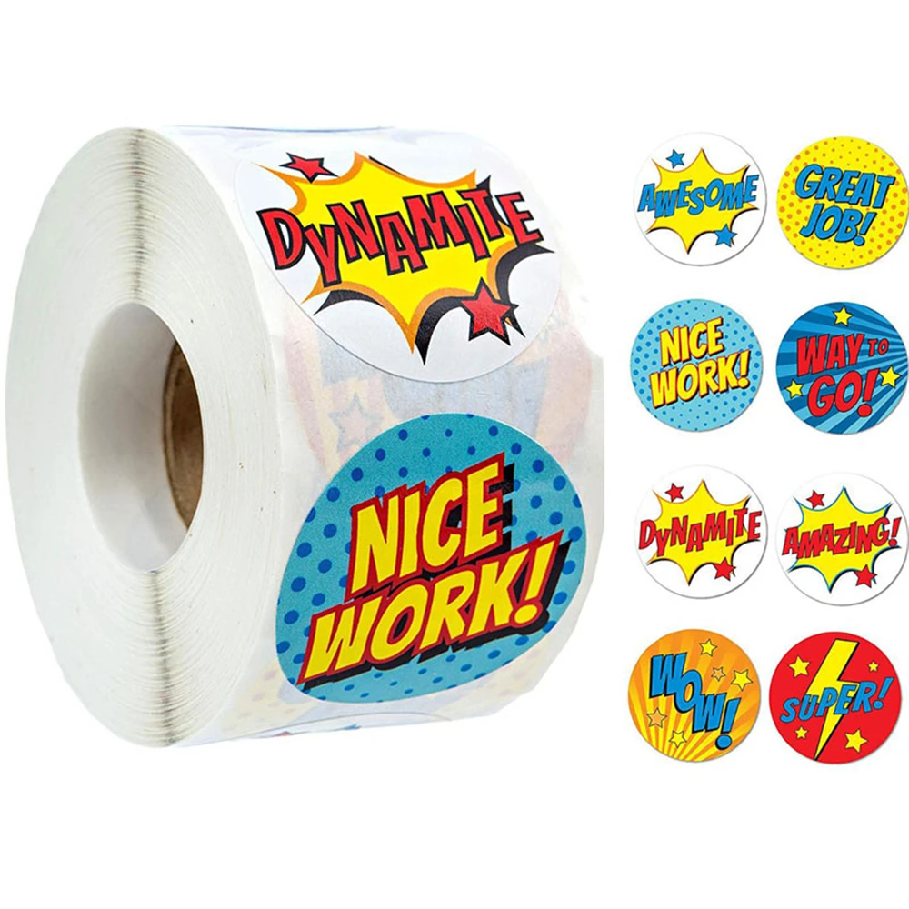 500 Buah Stiker Hadiah Kartun Inggris Gulung 1 Inci Label Segel Kata Lucu untuk Hadiah Sekolah Mainan Hadiah Anak-anak Stiker Hias