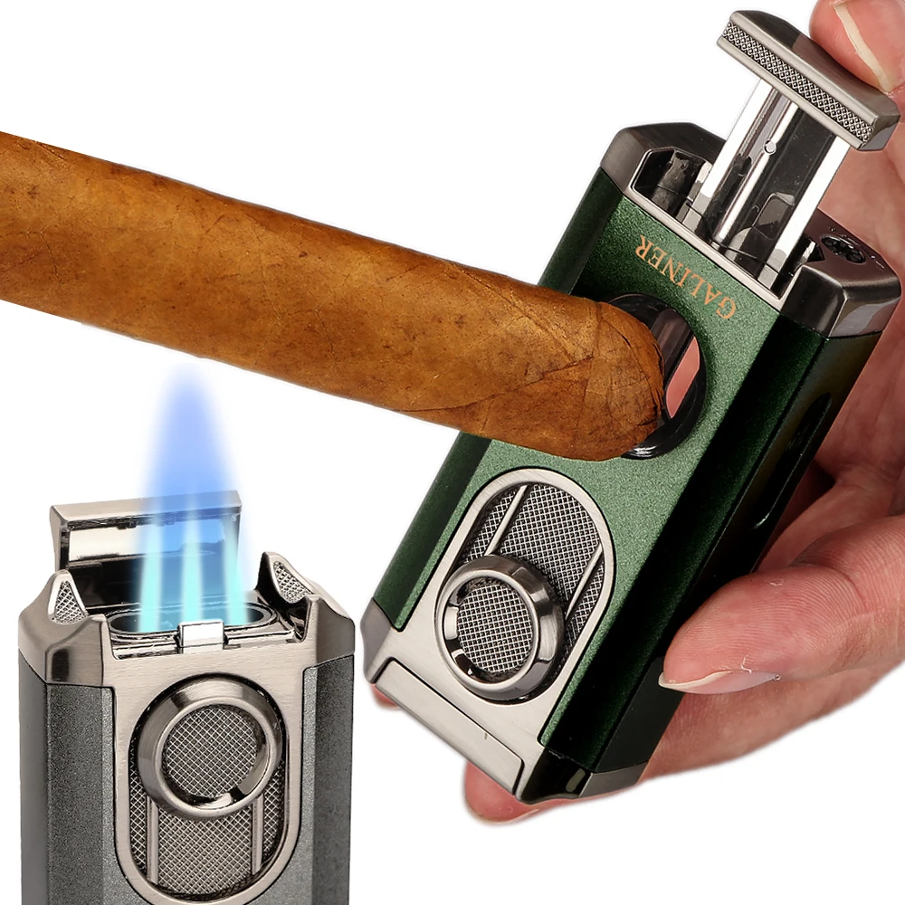 GALINER Metal V-Cut Cigar Lighter Butane Gas 3 Torch Blue Flame Lighters Smoking Cigar Cutter With Gift Box