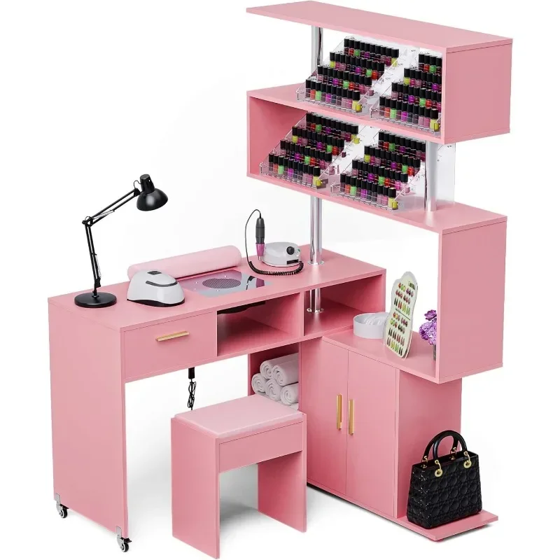 Manicure Table Nail Desk with Stool, Rotating L-Shaped Nail Tech Desk with Dust Collector, Two-Way Drawer