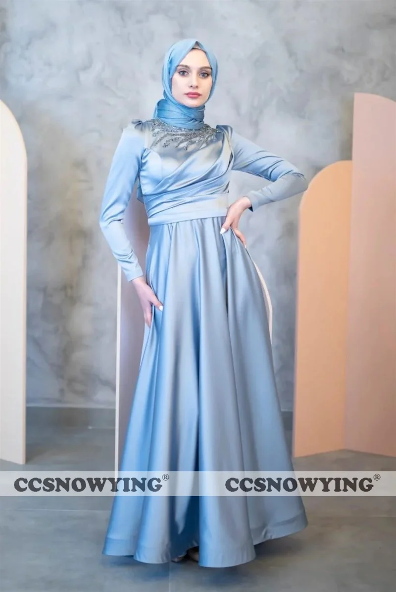 

Satin Appliques Beaded Muslim Evening Gown Long Sleeve Hijab Islamic Women Formal Party Dresses Arabic Dubai Robe De Soiree