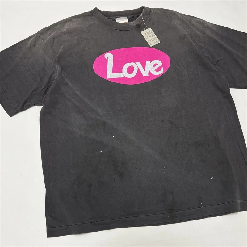 SAINT Mxxxxxx Pink Heart Tshirts  Men Women 1:1 Best Quality Skull Print Black Washed T-Shirts
