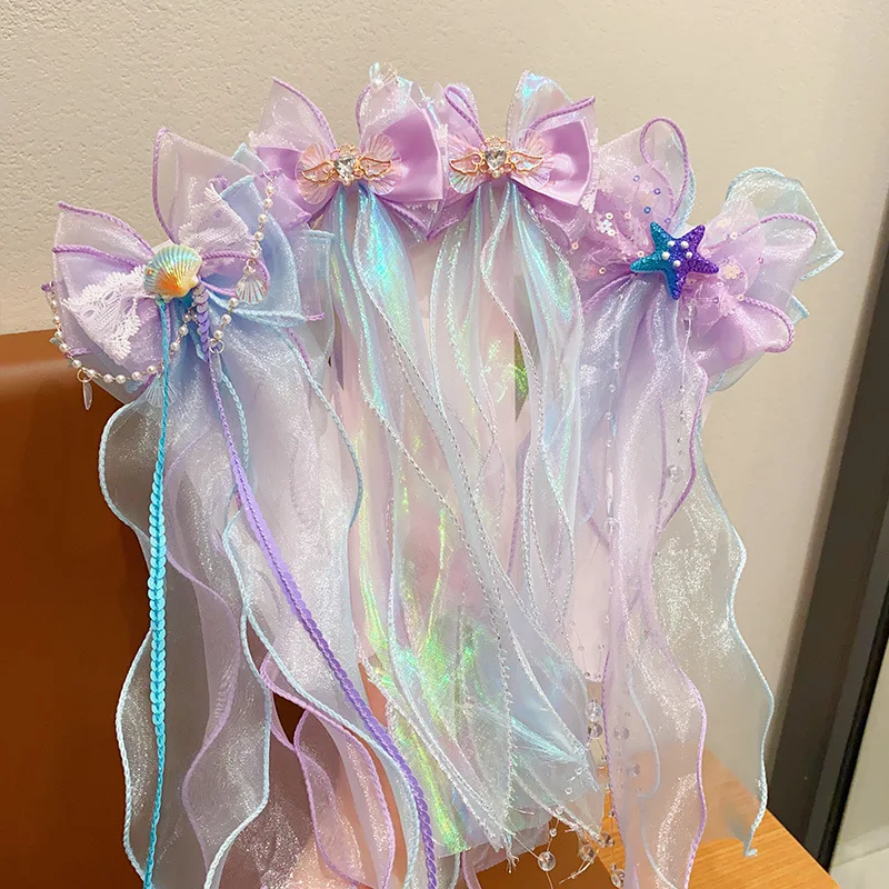 1Pcs Meerjungfrau Hime Bogen Strap Haar Clip Fee Air Mesh Sea Star Shell Dekoration Kinder Prinzessin Haar Zubehör Party haarspange – Detail 1