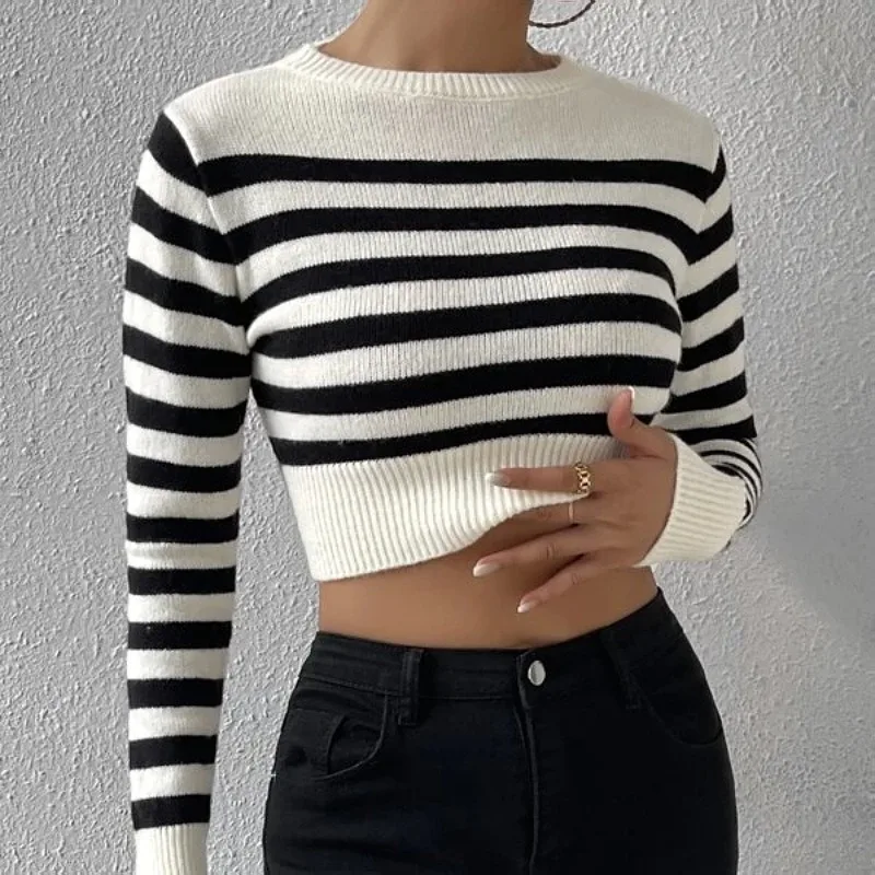 Dames Casual Kleding Dames Strepen Crop Gebreide Top Temperament Woon-Werkverkeer Lente Nieuwe Vrouw Mode Lange Mouw Gebreide Pullovers