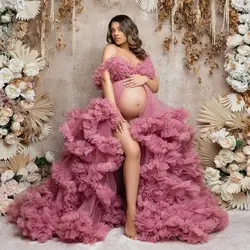 2024 Prom Dresses Women Ruffles Maternity Photoshoot Dress Plus Size Fluffy Baby Shower Gowns Front Slit Pink Vestido de Novia