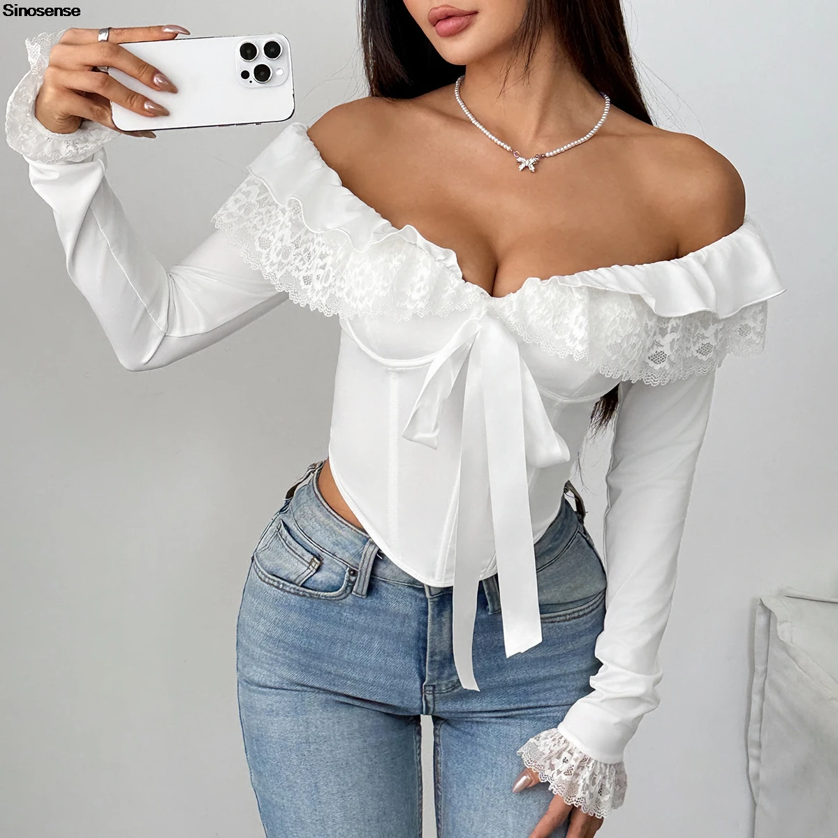 

Women Long Sleeve Off The Shoulder Tops Bow Lace Ruffle Trim Slim Corset Tops Elegant Blouses Y2K Date Night Club Party Tops